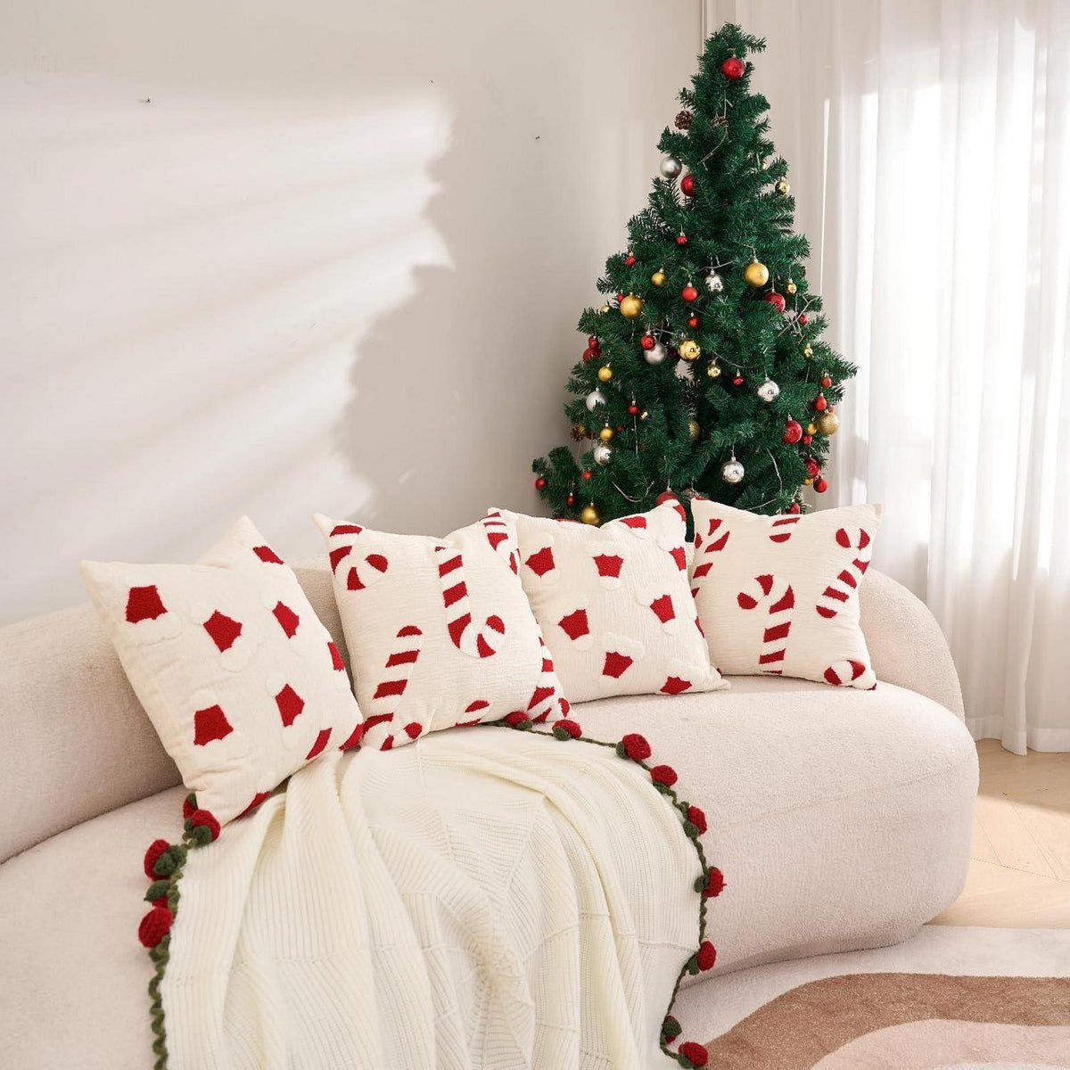 Weihnachtskissenbezug 45x45 cm - 2er Set Zuckerstangen Sherpa-Velours