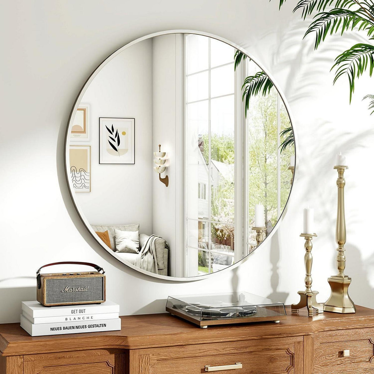 Runder Wandspiegel 80cm Metallrahmen Silber – Modern & Elegant