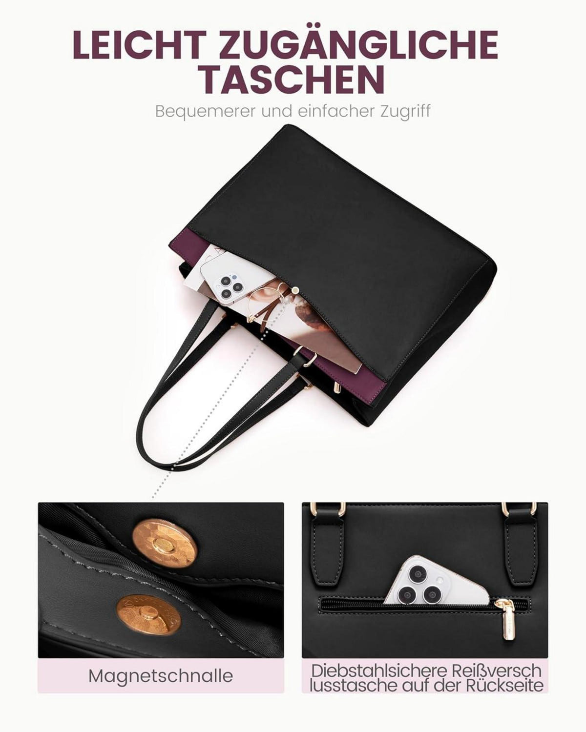 Damen Aktentasche 15,6 Zoll Schwarz Groß Leicht Elegant Business
