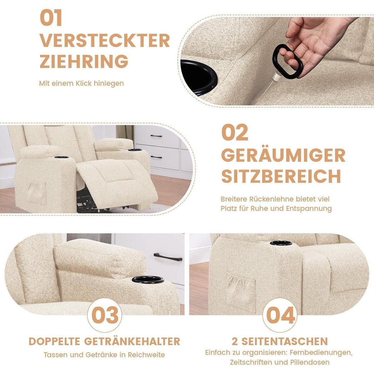 Relaxsessel mit Verstellbarer Rückenlehne & Fußstütze, Beige