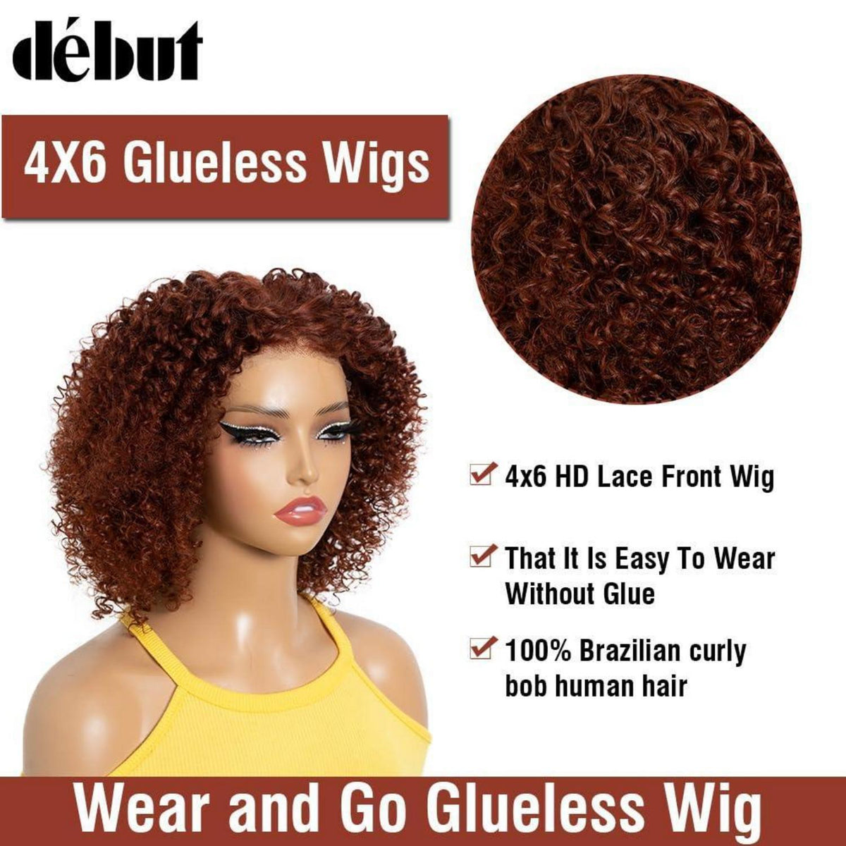 Echthaar Curly Bob Perücke 35cm, Kleberlos, Vorgezupft
