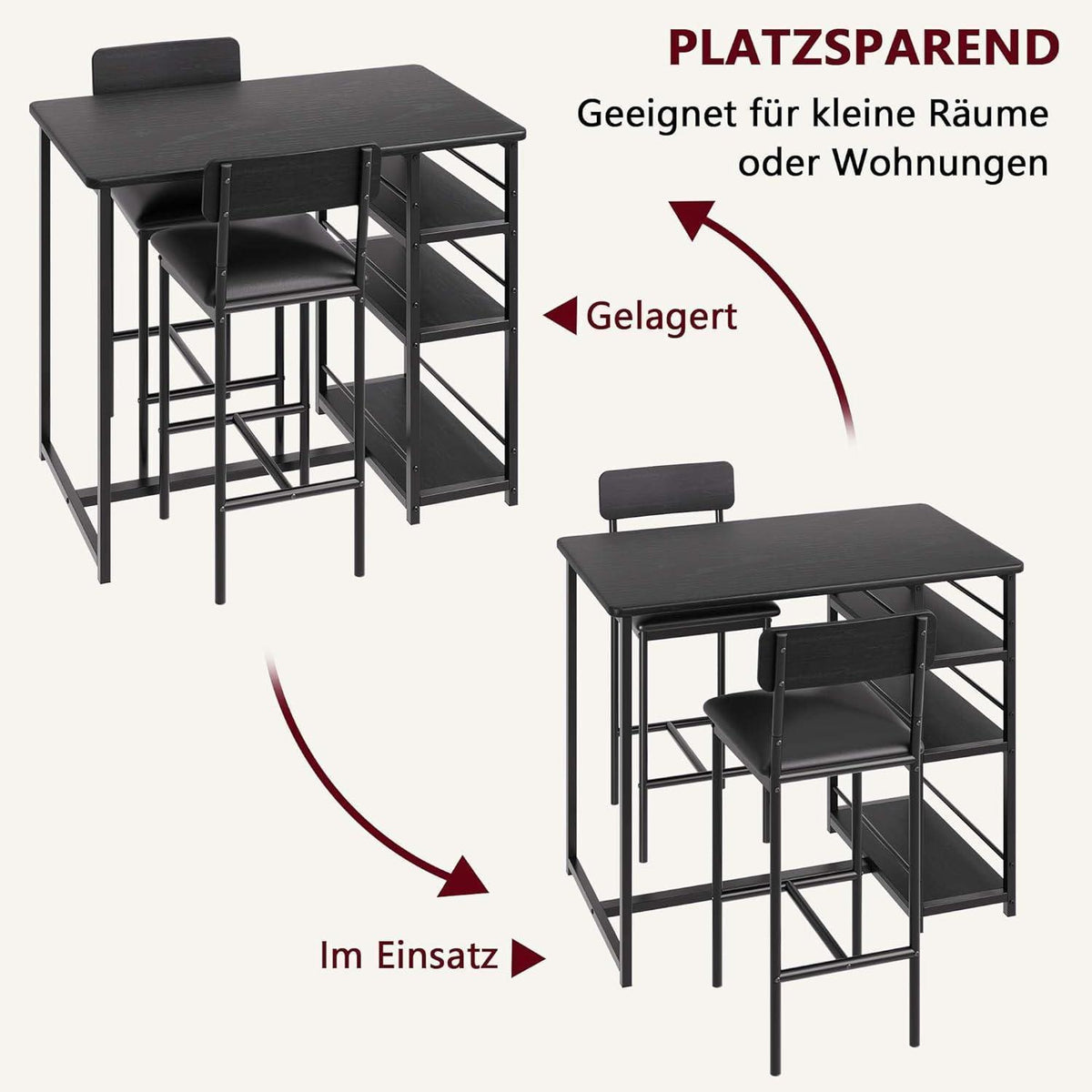 Bartisch Set mit Barhockern & Regalen – Industriell Schwarz