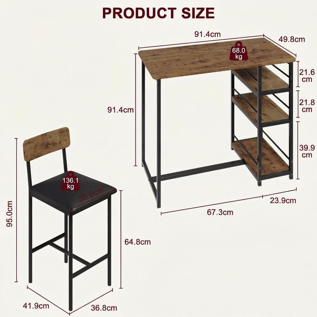 Bartisch Set 3-teilig mit Stühlen & Stauraum – Industriedesign
