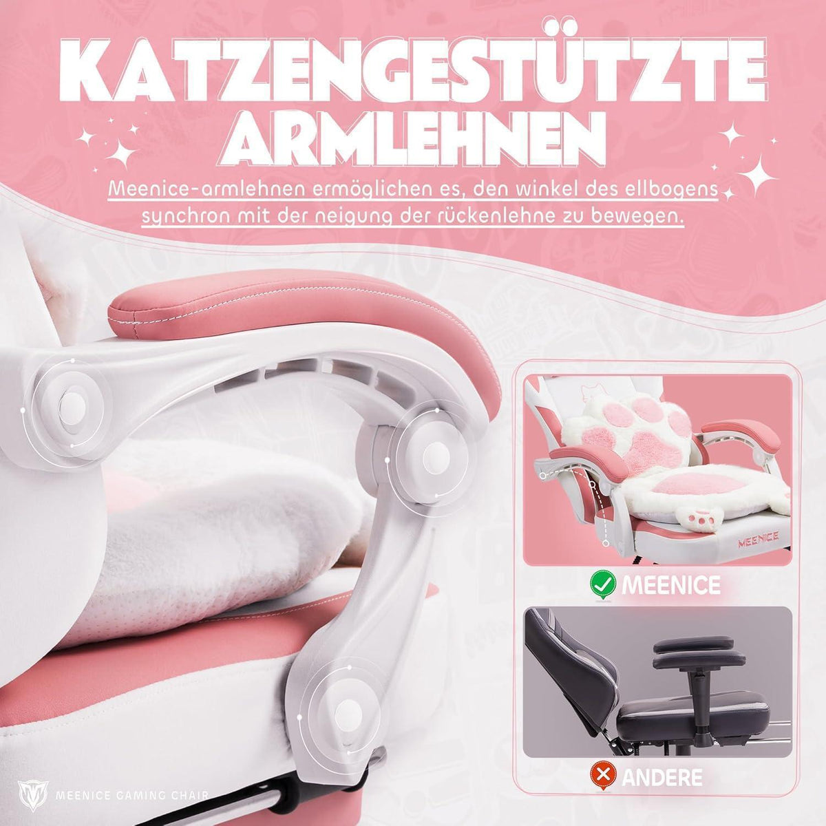Gaming Stuhl mit Katzenohren und Fußstütze, Rosa Samt