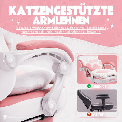 Gaming Stuhl mit Katzenohren und Fußstütze, Rosa Samt