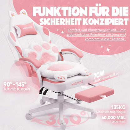 Gaming Stuhl mit Katzenohren und Fußstütze, Rosa Samt