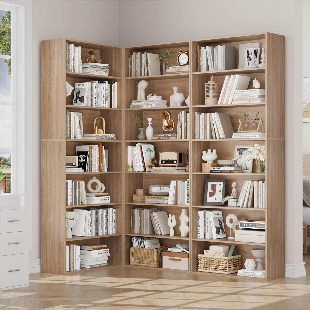 7-reihiges Bücherregal Eiche | Standregal für Wohnzimmer & Büro