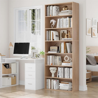 7-reihiges Bücherregal Eiche | Standregal für Wohnzimmer & Büro