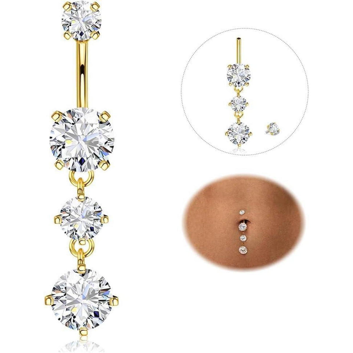 Bauchnabelpiercing Titan 14G mit Zirkonia, Silber/Gold