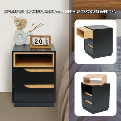 Moderner Nachttisch mit 2 Schubladen, Schwarz, 40x54x40 cm