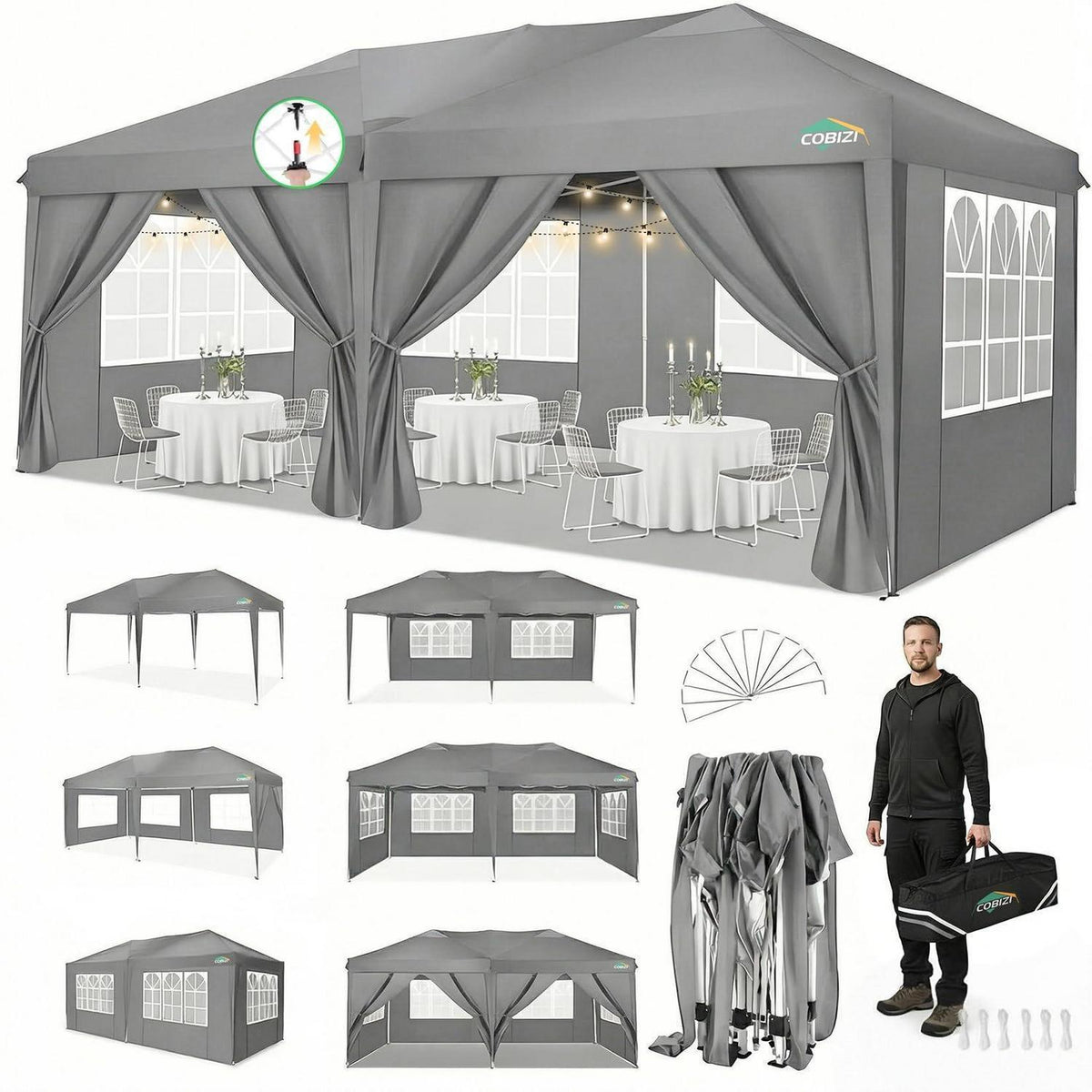 Faltpavillon 3x6m mit 6 Seitenwänden – Grau, wasserdicht & stabil