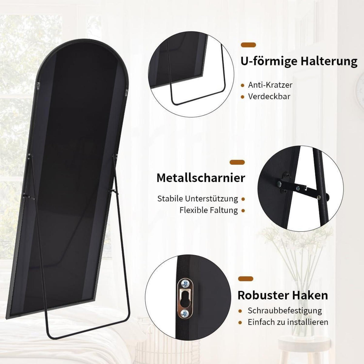 Ganzkörperspiegel Bogen Schwarz – Stand- & Wandspiegel 171x76cm
