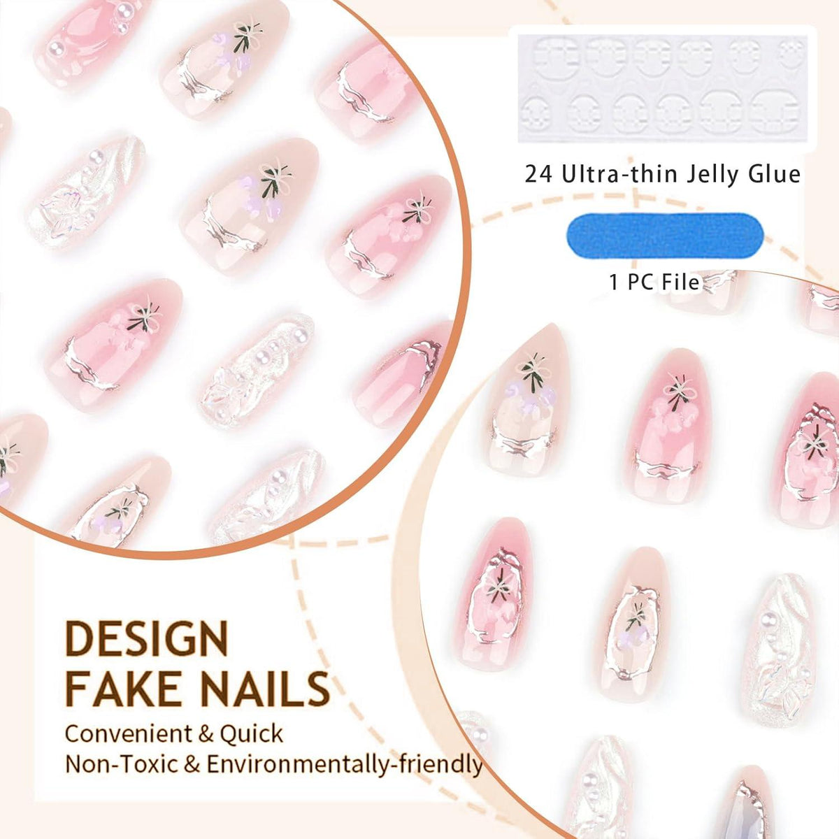 24 Stück 3D Handgemachte Press on Nails Mit Charms Mittel Almond