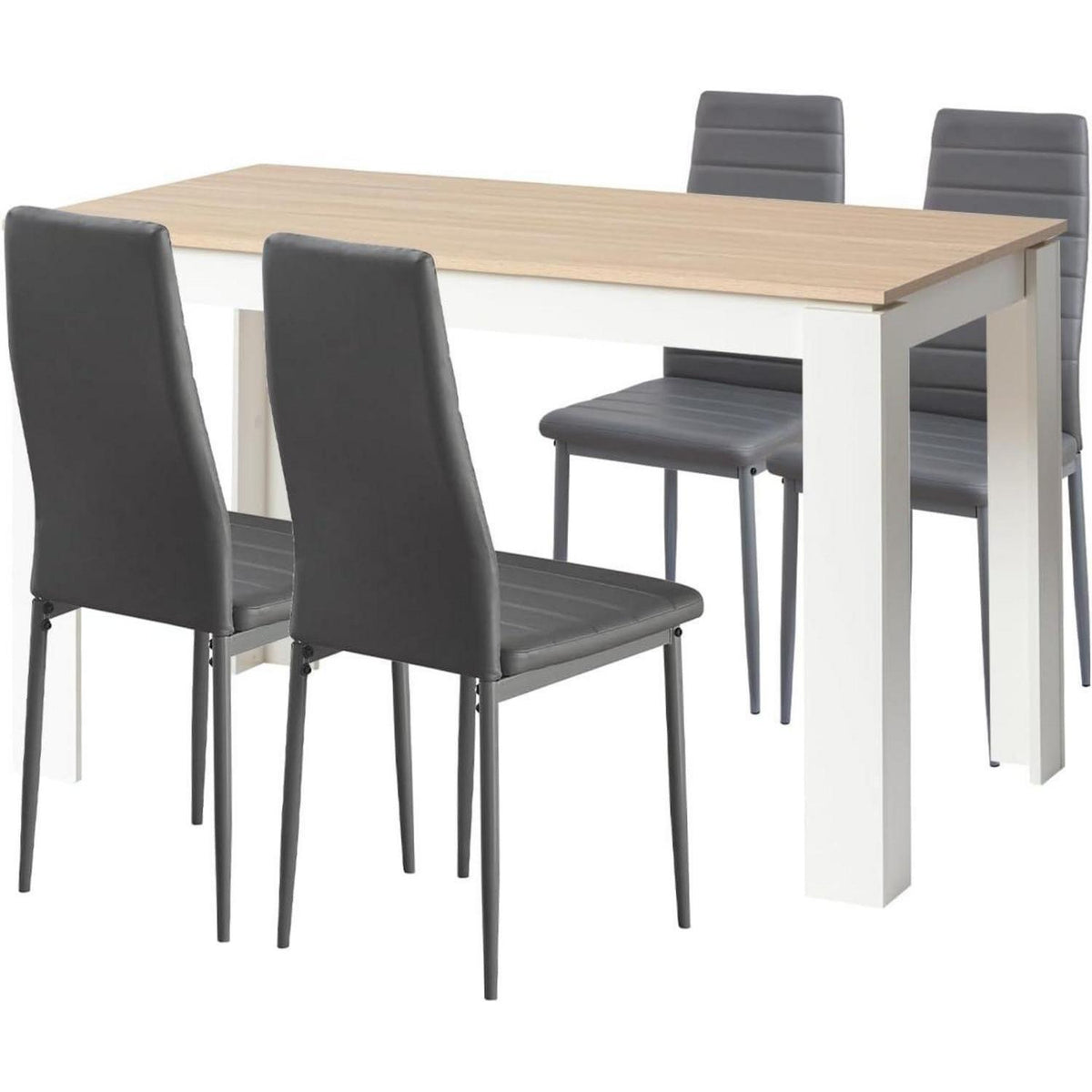 Esszimmergruppe Eiche-Weiß 120cm + 4 Stühle Grau in Lederoptik