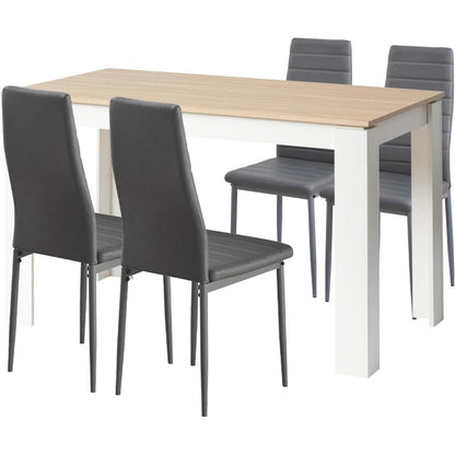 Esszimmergruppe Eiche-Weiß 120cm + 4 Stühle Grau in Lederoptik