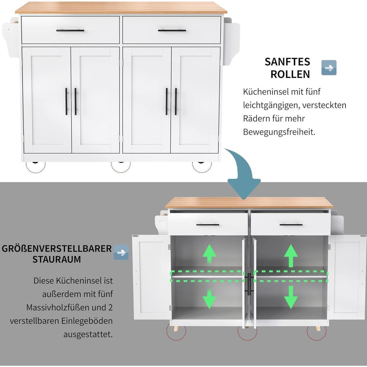 Kücheninsel mit Klappplatte & Rollen – Weiß, 120x46x91 cm
