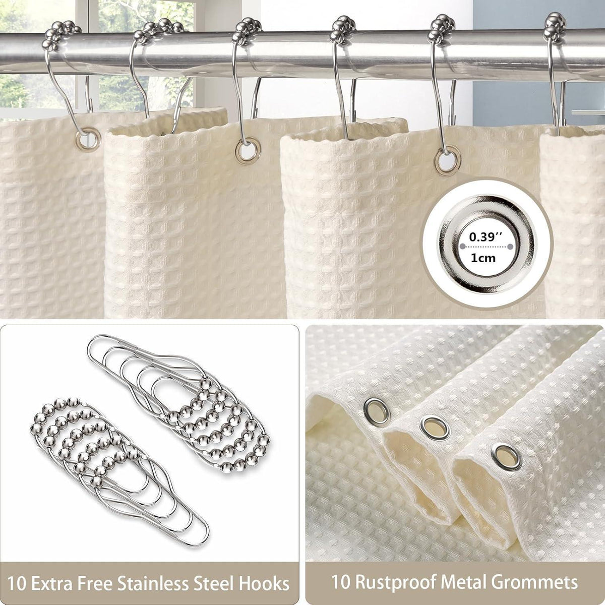 Waffel Duschvorhang wasserdicht Creme 152x214cm mit Haken