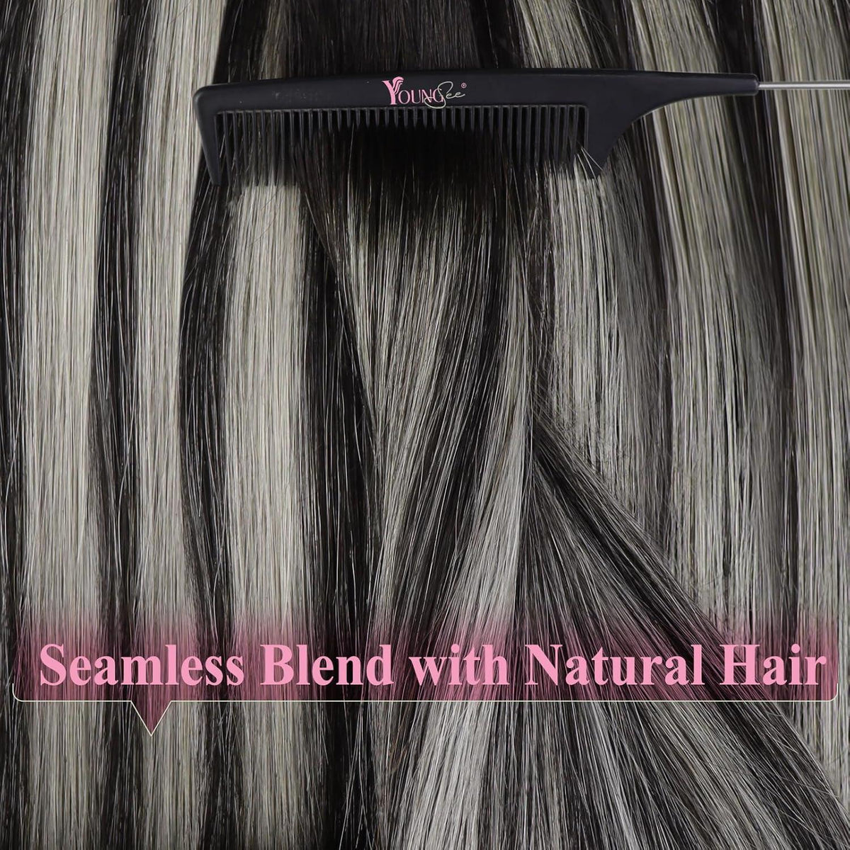 Echthaar Tape Extensions Ombre Schwarz Silber 60 cm