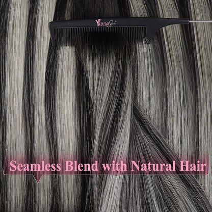 Echthaar Tape Extensions Ombre Schwarz Silber 60 cm