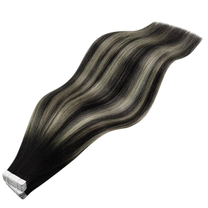 Echthaar Tape Extensions Ombre Schwarz Silber 60 cm