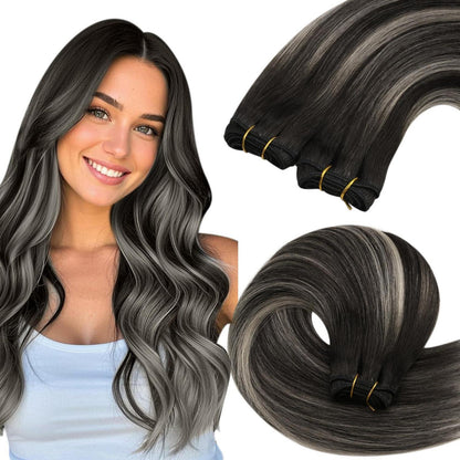 Echthaar Tressen Schwarz Ombre Silber 40cm 100g Remy