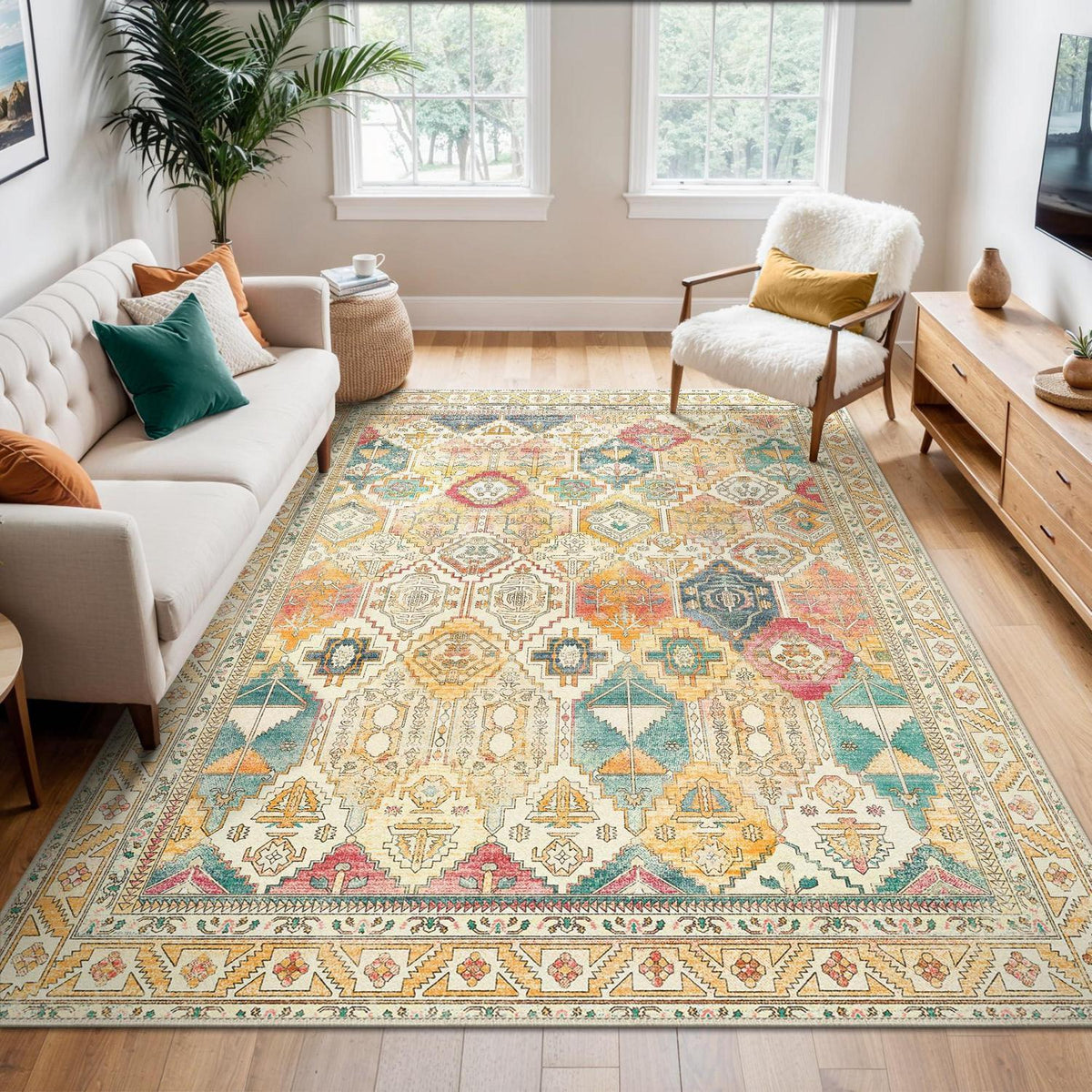 Vintage Teppich Wohnzimmer 150x210cm Gelb Mehrfarbig Rechteckig