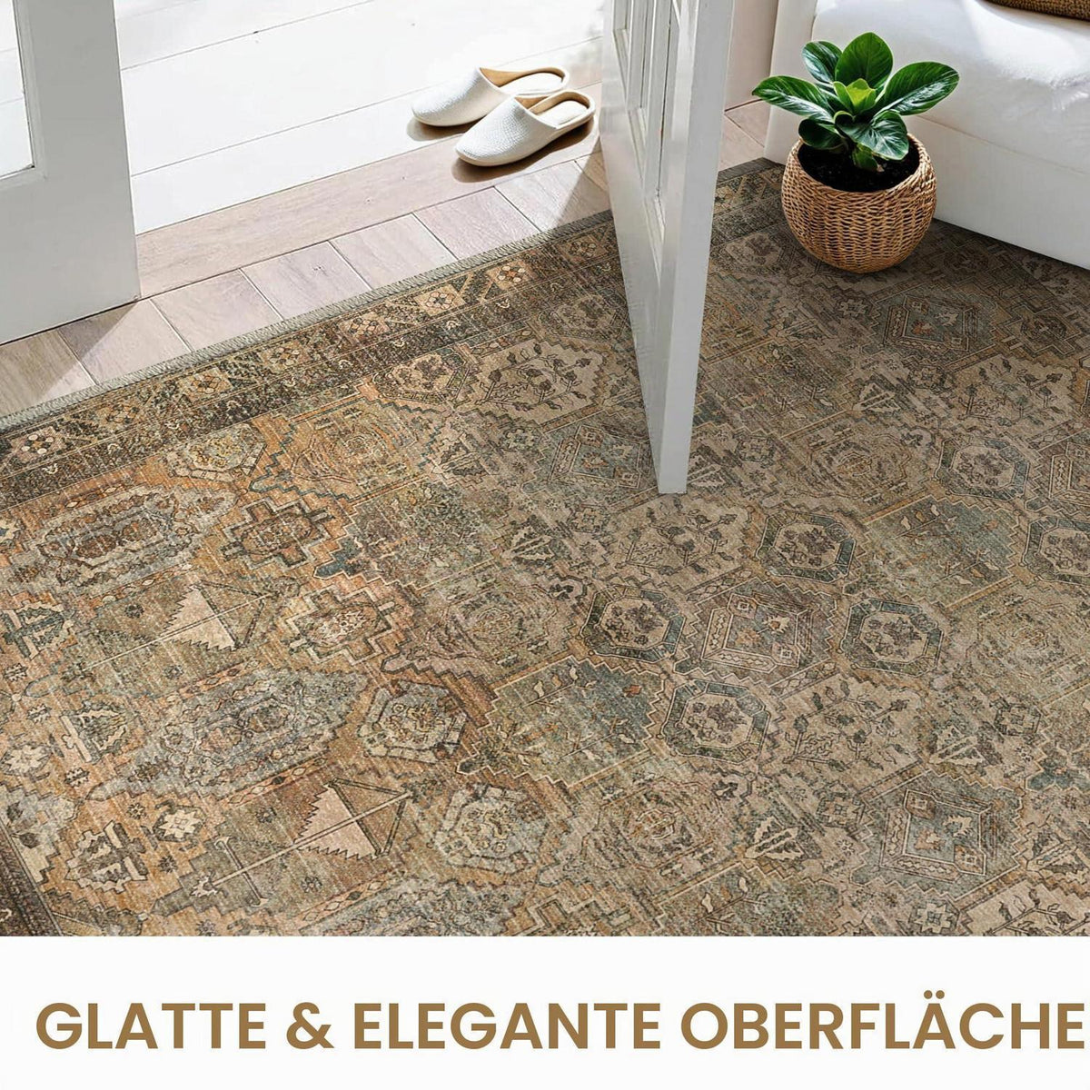 Vintage Teppich Wohnzimmer 200x290cm Dunkelbraun Grün Rechteckig