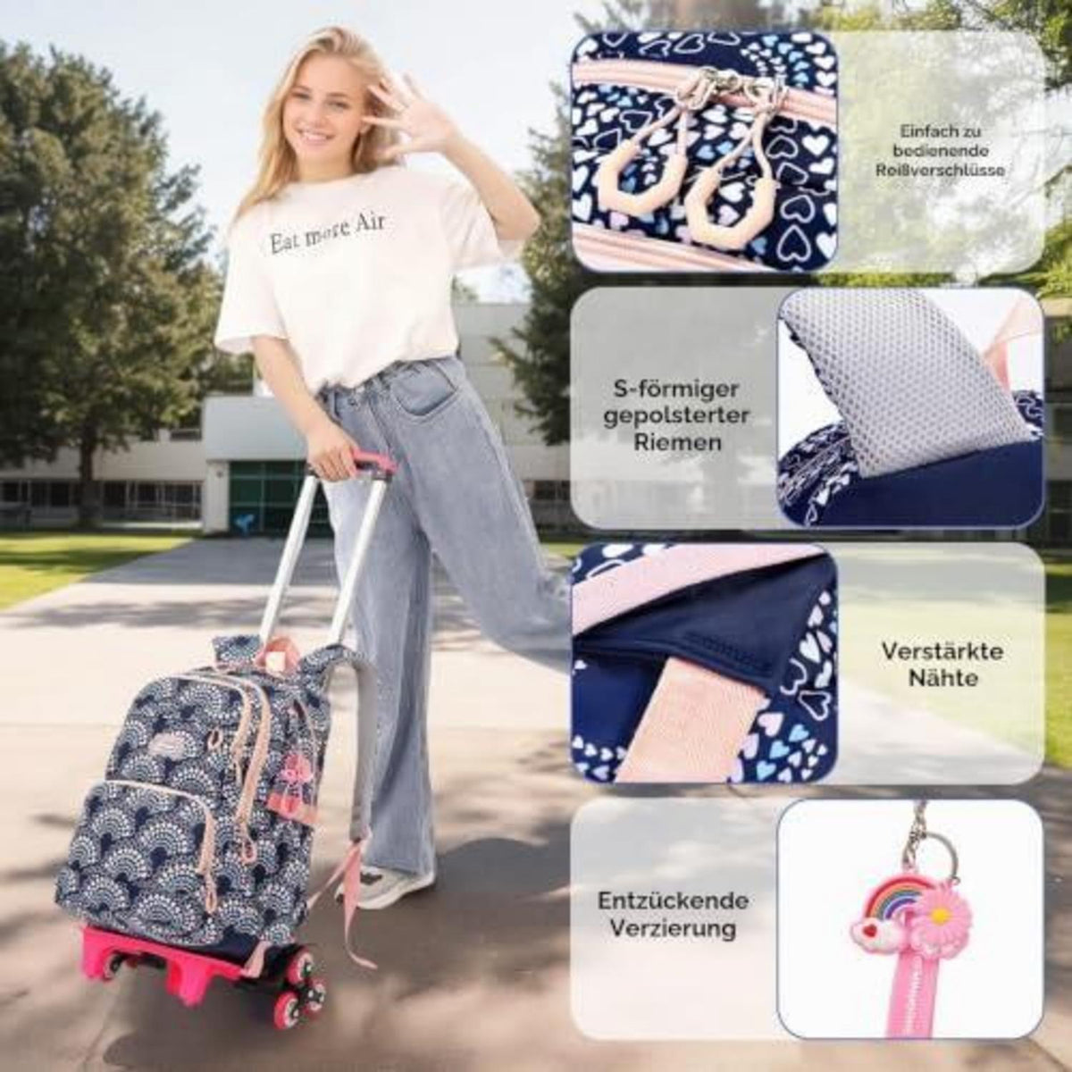 Kinder Rucksack mit Rollen – Dunkelblau, 16 Zoll Schulrucksack