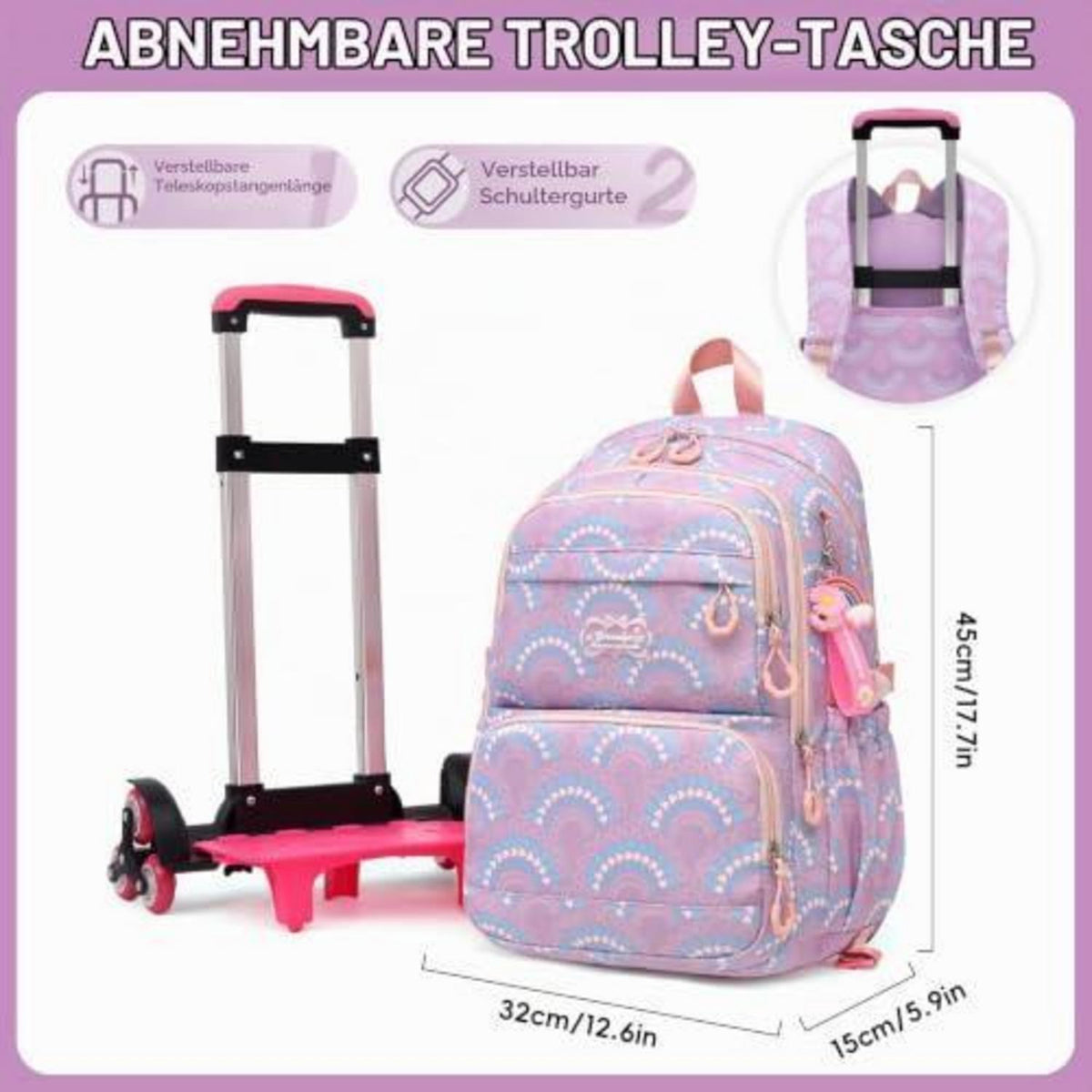 Kinderrucksack mit Rollen Lila – Schulrucksack Trolley für Mädchen