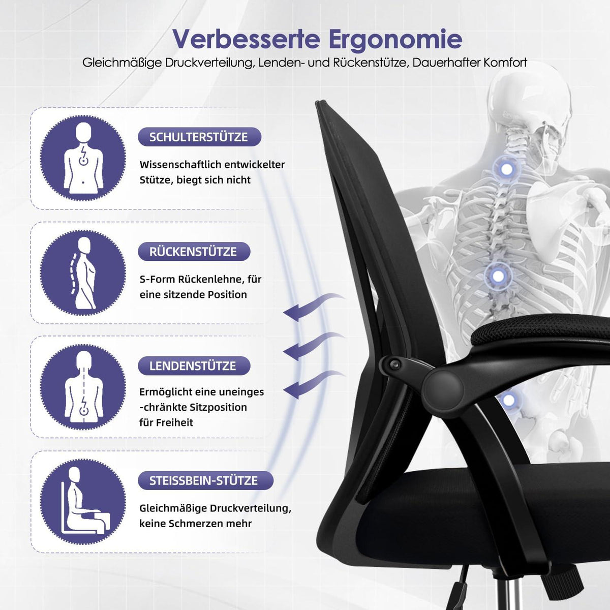 Ergonomischer Bürostuhl Schwarz Lendenstütze Drehstuhl 150kg