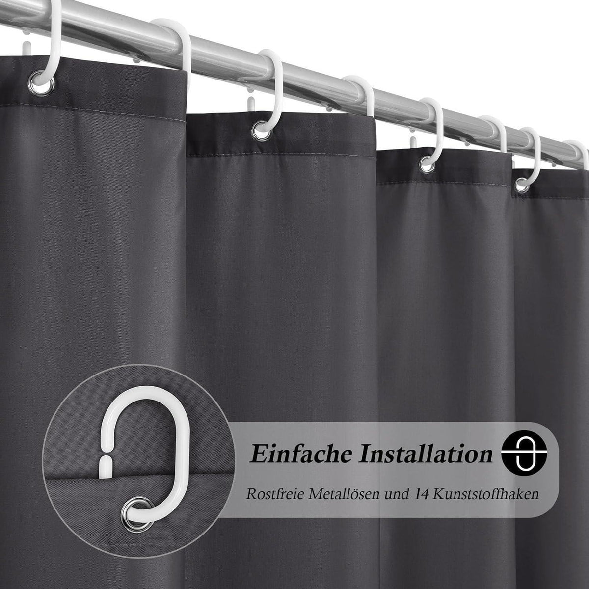 Duschvorhang Stoff 200x180 cm Dunkelgrau Wasserdicht mit Ringen