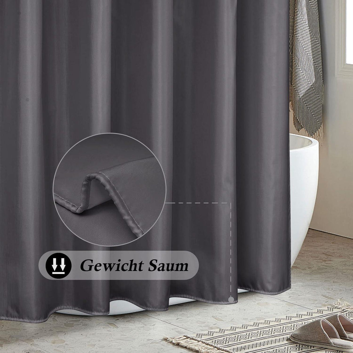 Duschvorhang Stoff 200x180 cm Dunkelgrau Wasserdicht mit Ringen
