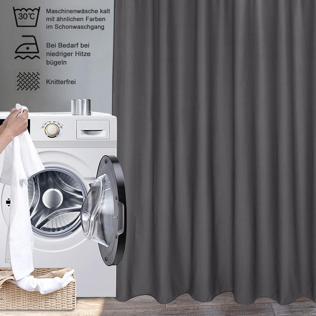 Duschvorhang Stoff 200x180 cm Dunkelgrau Wasserdicht mit Ringen