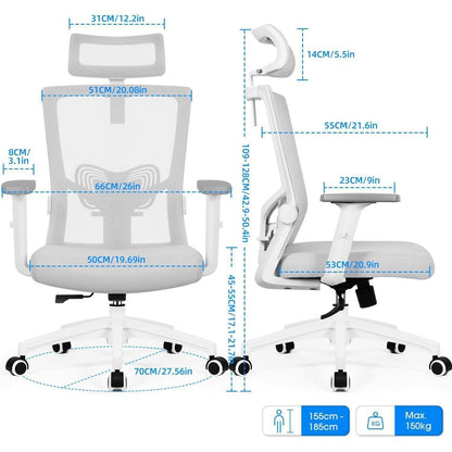 Ergonomischer Bürostuhl mit Kopfstütze und Lendenwirbelstütze Grau