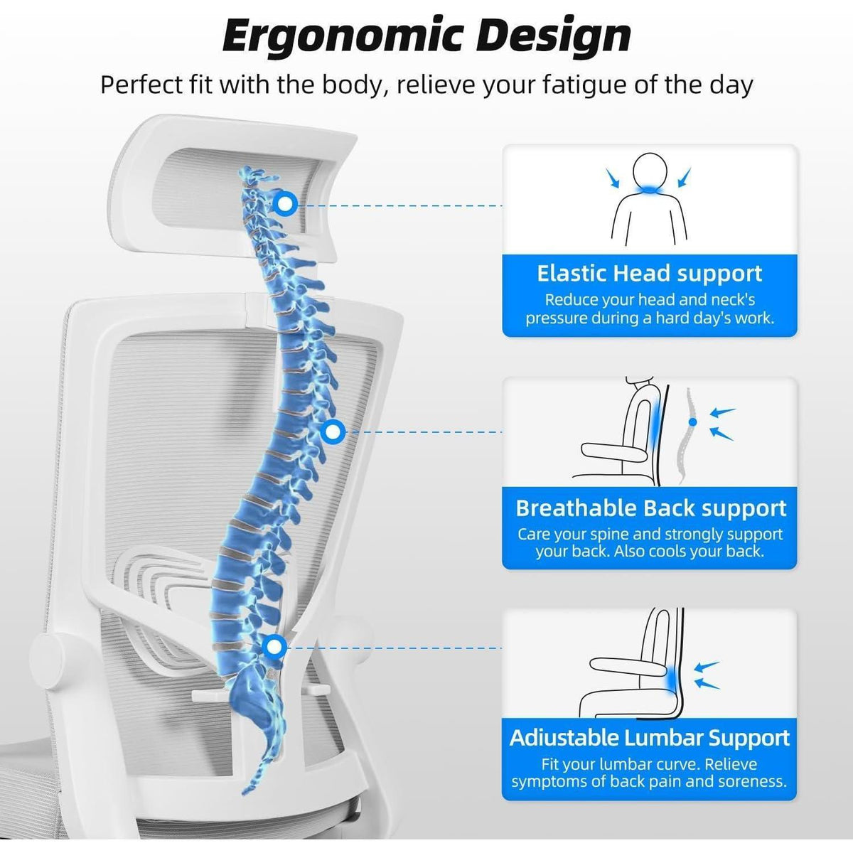 Ergonomischer Bürostuhl mit Kopfstütze und Lendenwirbelstütze Grau