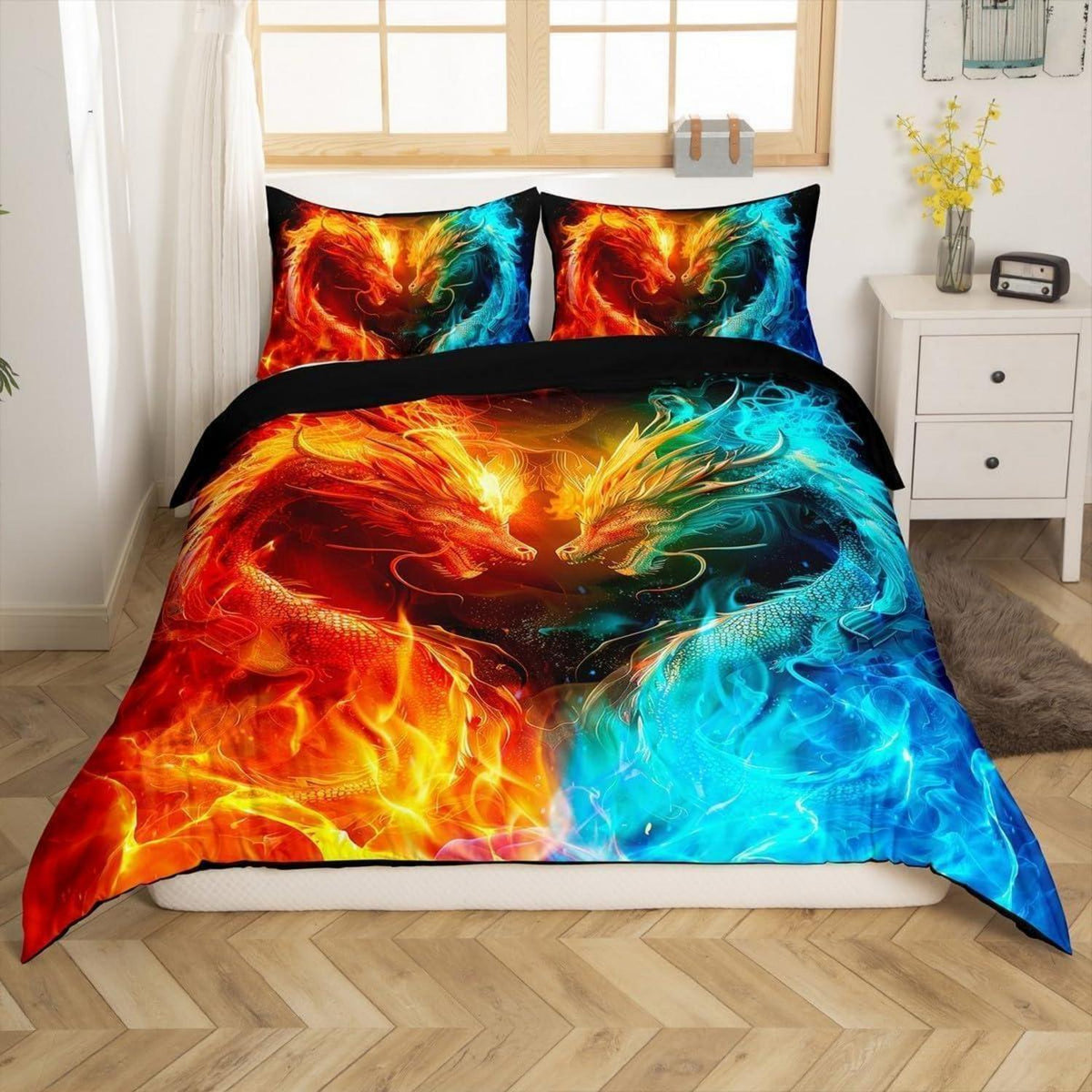 Kinder Bettwäsche Set Drache 135x200cm - Gelb Blau