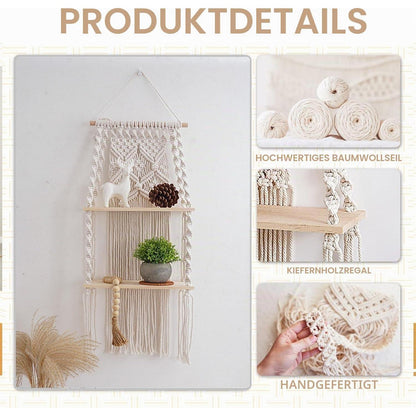Makramee Wandregal Boho Doppelschicht 30x75cm Naturholz Baumwolle