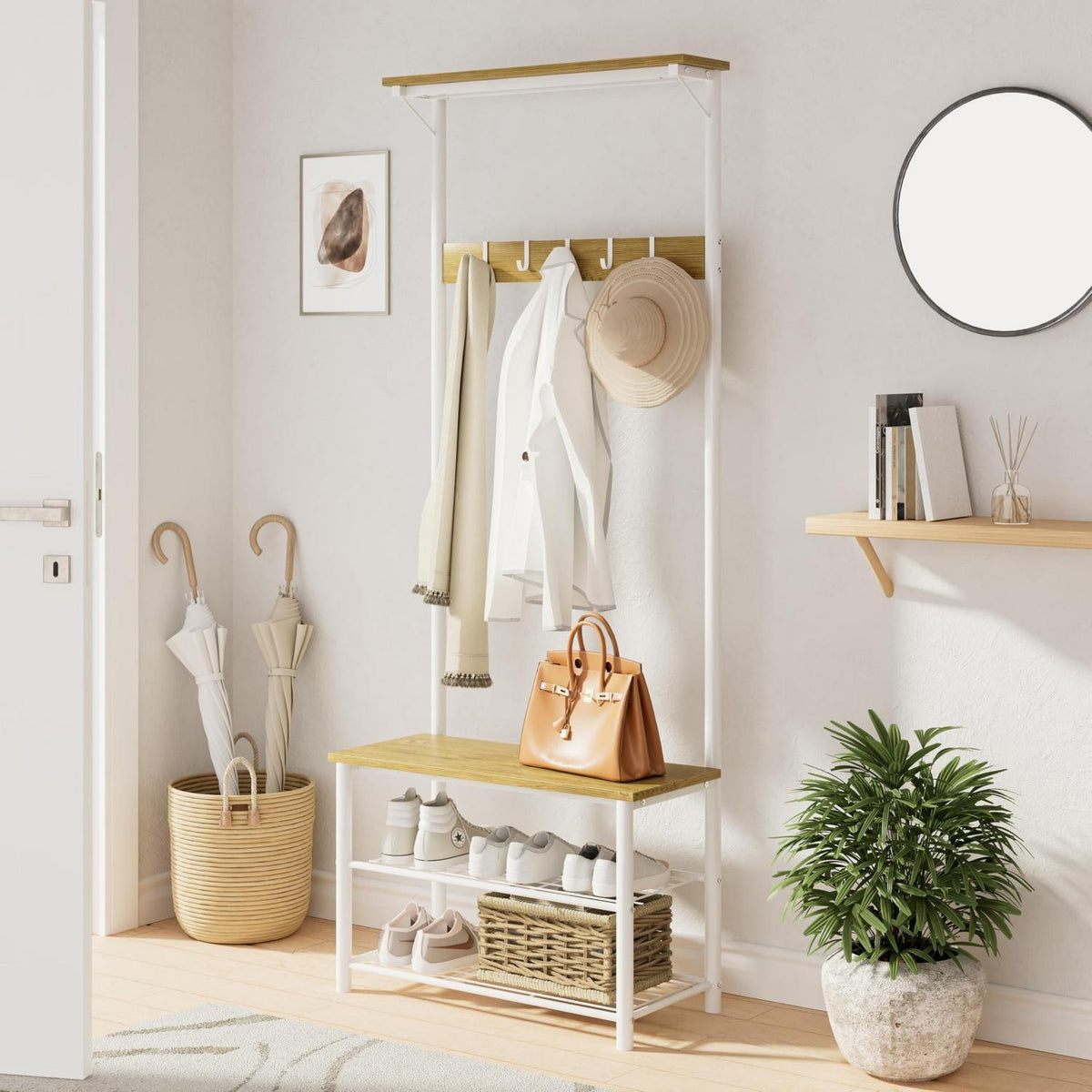 Holz Garderobenständer mit Sitzbank & Schuhregal Weiß