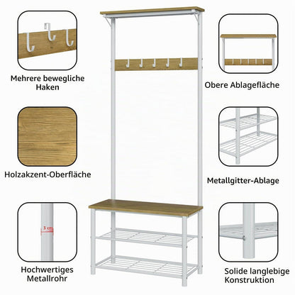 Holz Garderobenständer mit Sitzbank & Schuhregal Weiß