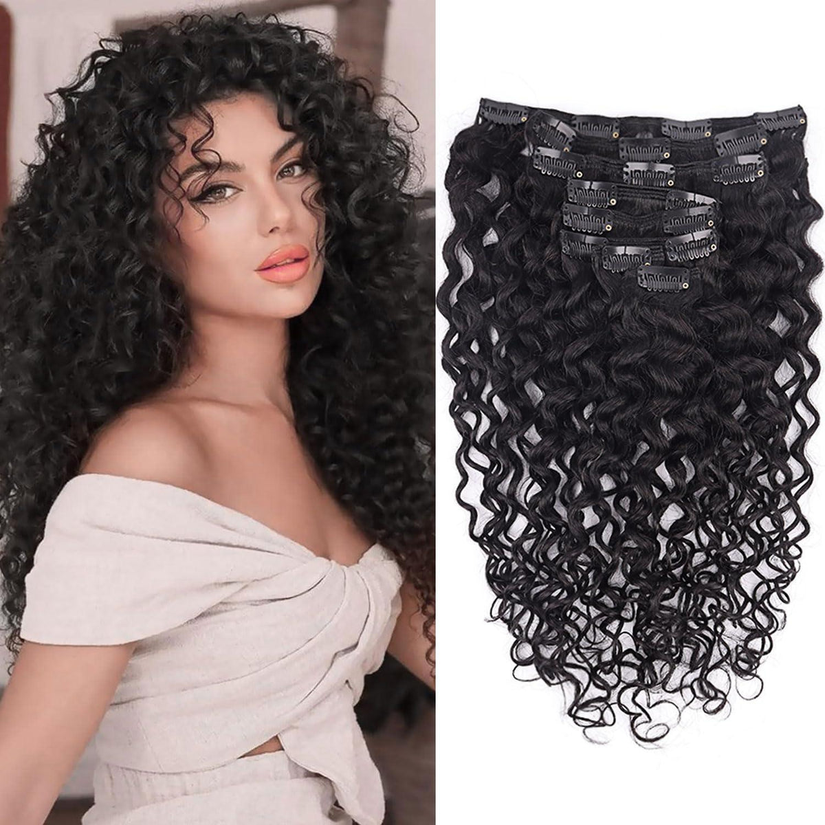 Kinky Curly Clip-in Haarverlängerung Echthaar 45cm Schwarz