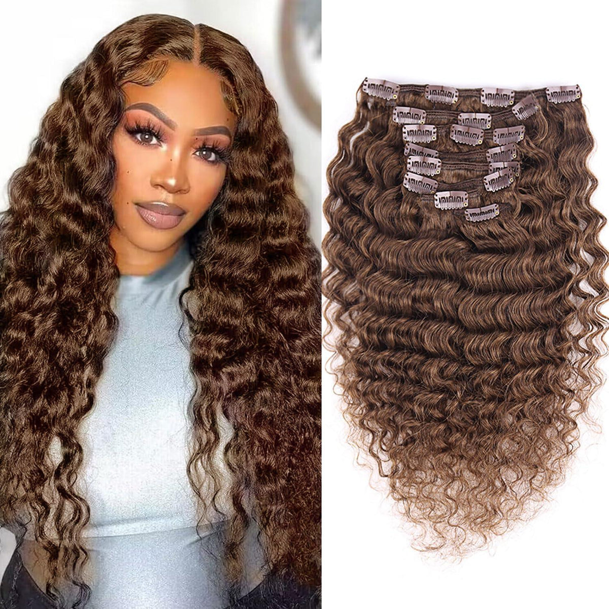 Deep Curly Echthaar Clip-Ins Dunkelbraun 45cm Haarverlängerung