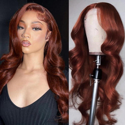 Rötlichbraune Body Wave Lace Front Perücke Echthaar mit Babyhaar 65cm