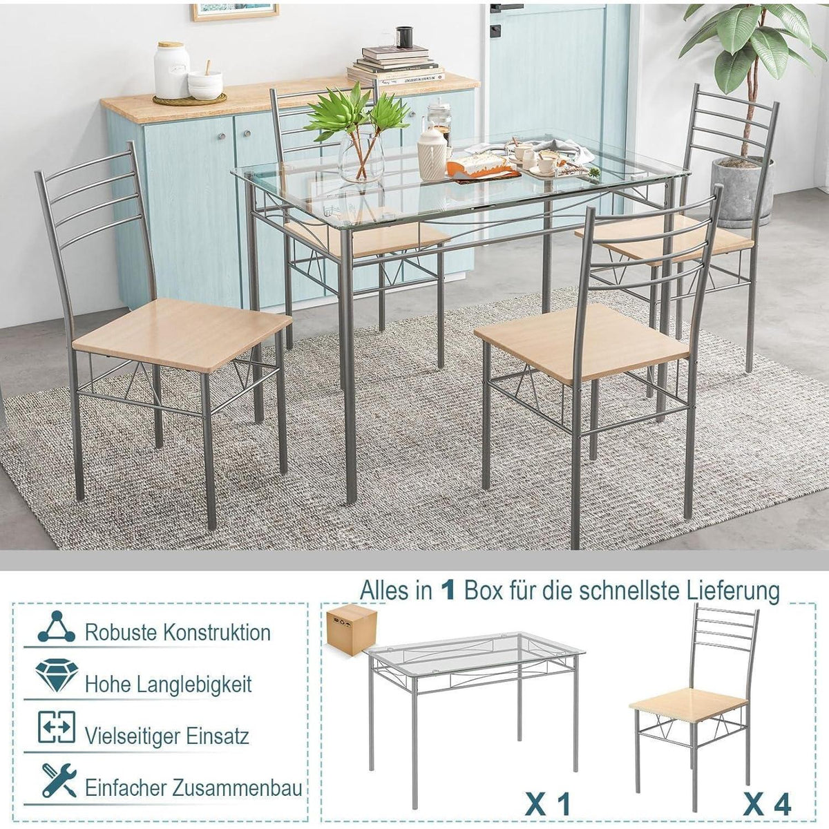 5-teiliges Esszimmer Set mit Glastisch & Stühlen