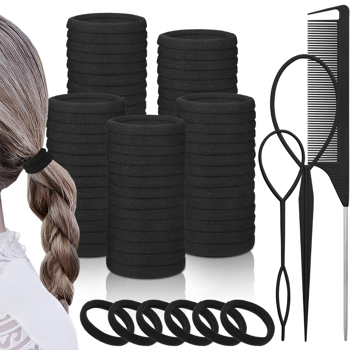 100er Pack Nahtlose Große Schwarz Elastische Haargummis mit Kamm