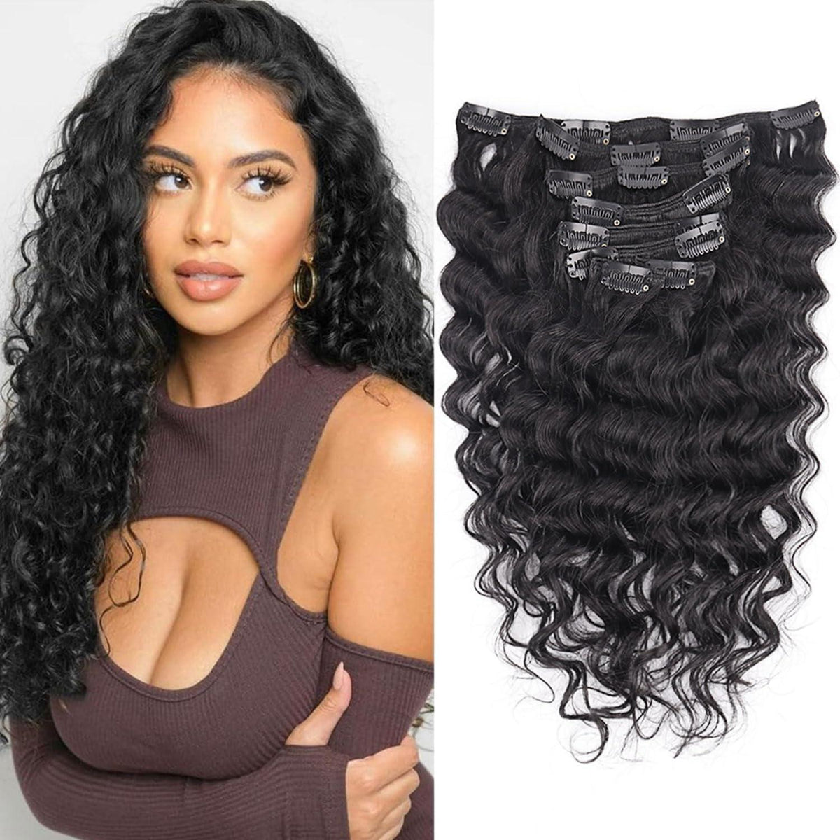 Deep Curly Echthaar Clip-Ins 60cm – Natürliches Schwarz