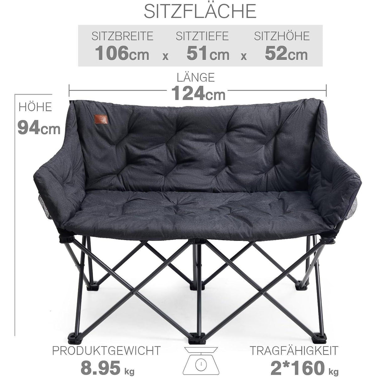 Luxus Camping Sofa für 2 Personen, 320kg belastbar, gepolstert, faltbar