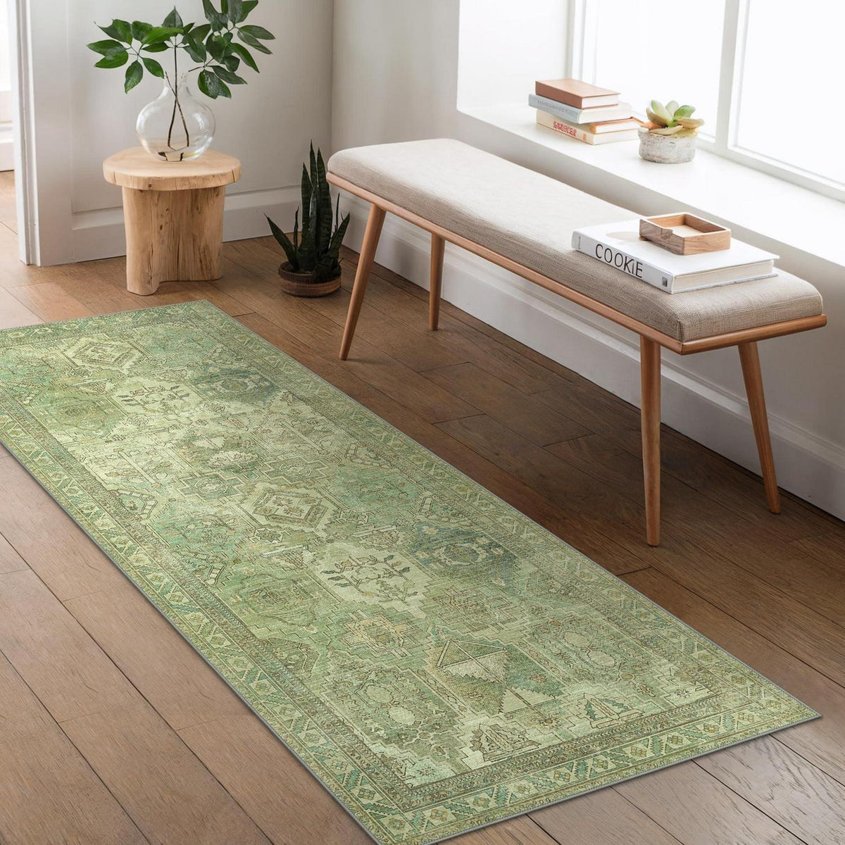 Vintage Läufer Flur 80x150cm - Waschbarer Teppich Grasgrün