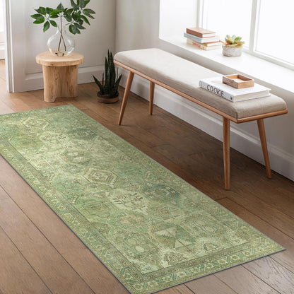 Vintage Läufer Flur 80x150cm - Waschbarer Teppich Grasgrün