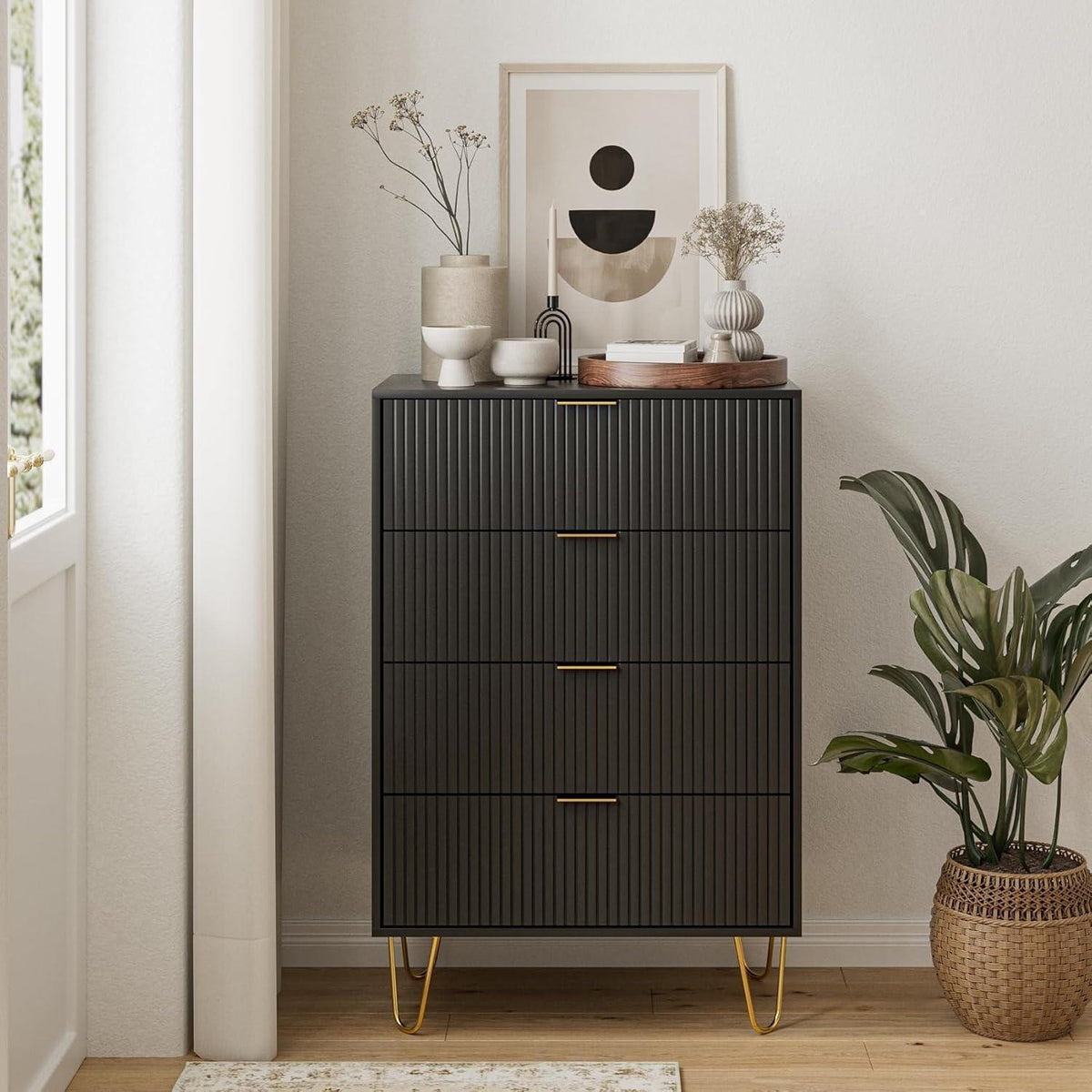Moderne Kommode mit 4 Schubladen & Goldbeinen – 34x60x91cm