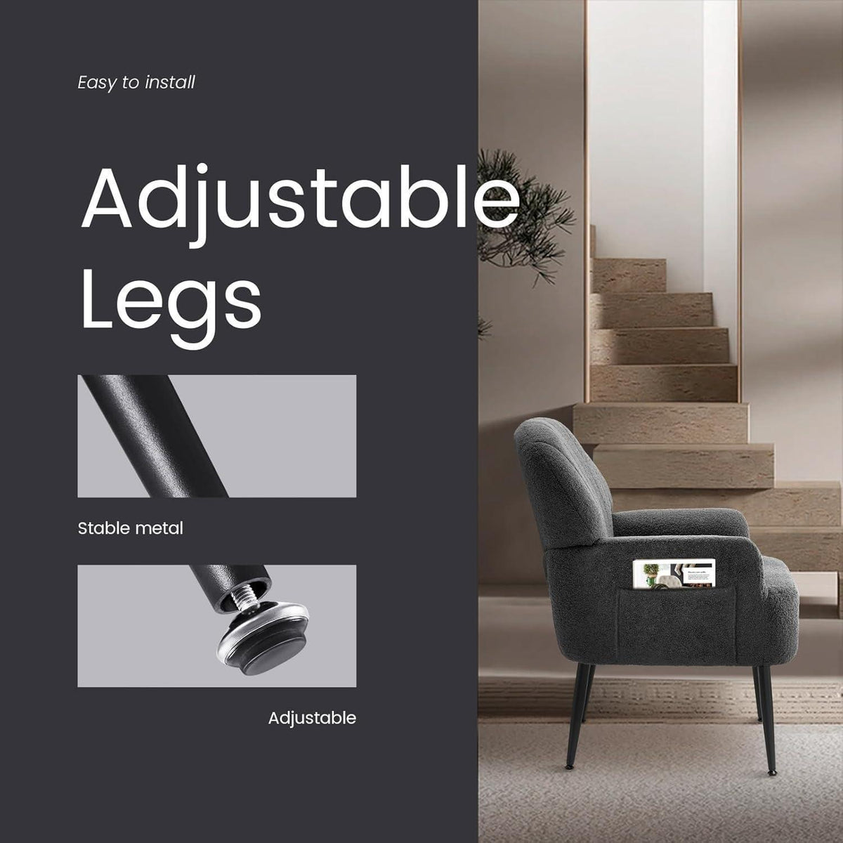 Bequemer Kunstfell Sessel mit Seitentasche – Grau